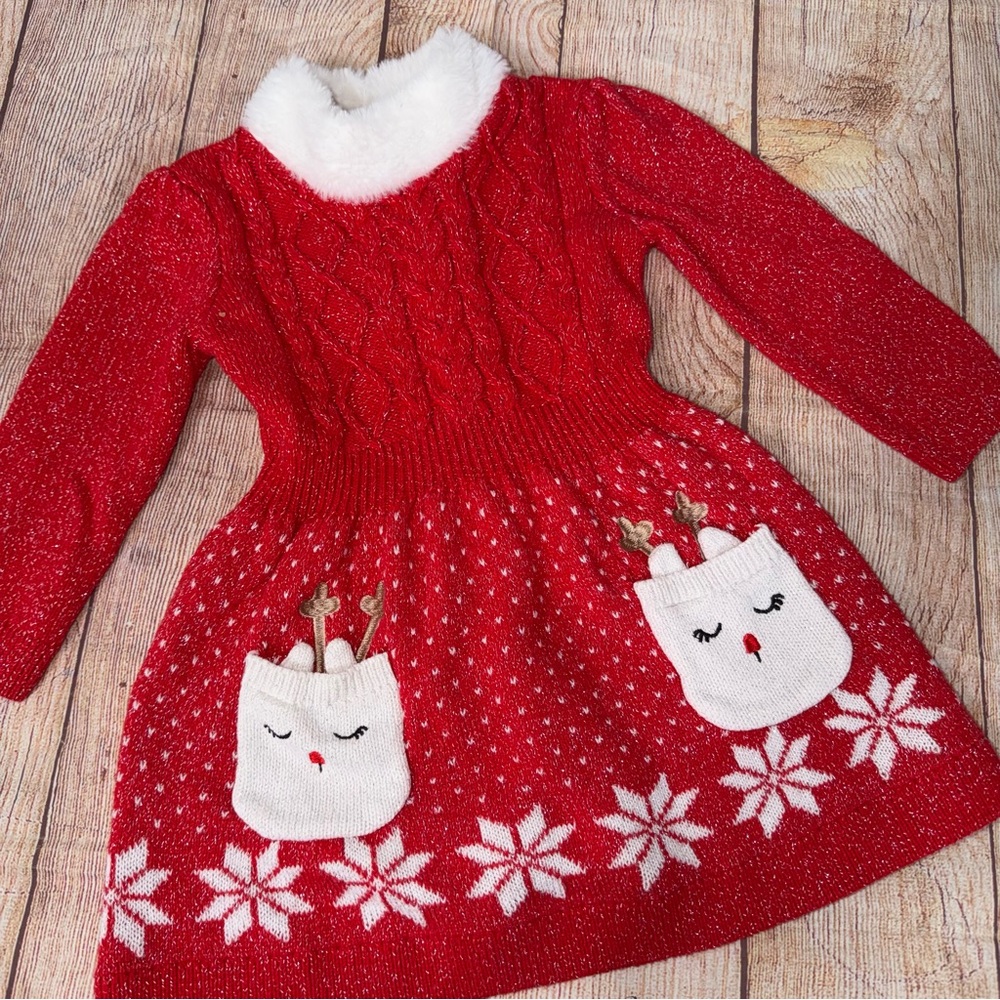 Little Lass 3T Girls' Red Holiday Sweater Dress with Faux Fur Collar